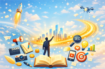 Futuristic digital illustration showing content creation